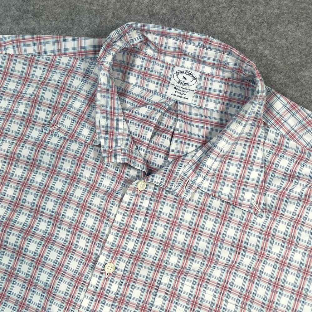 Brooks Brothers Mens Button Down Shirt XL White Red Blue Plaid Stretch Regular